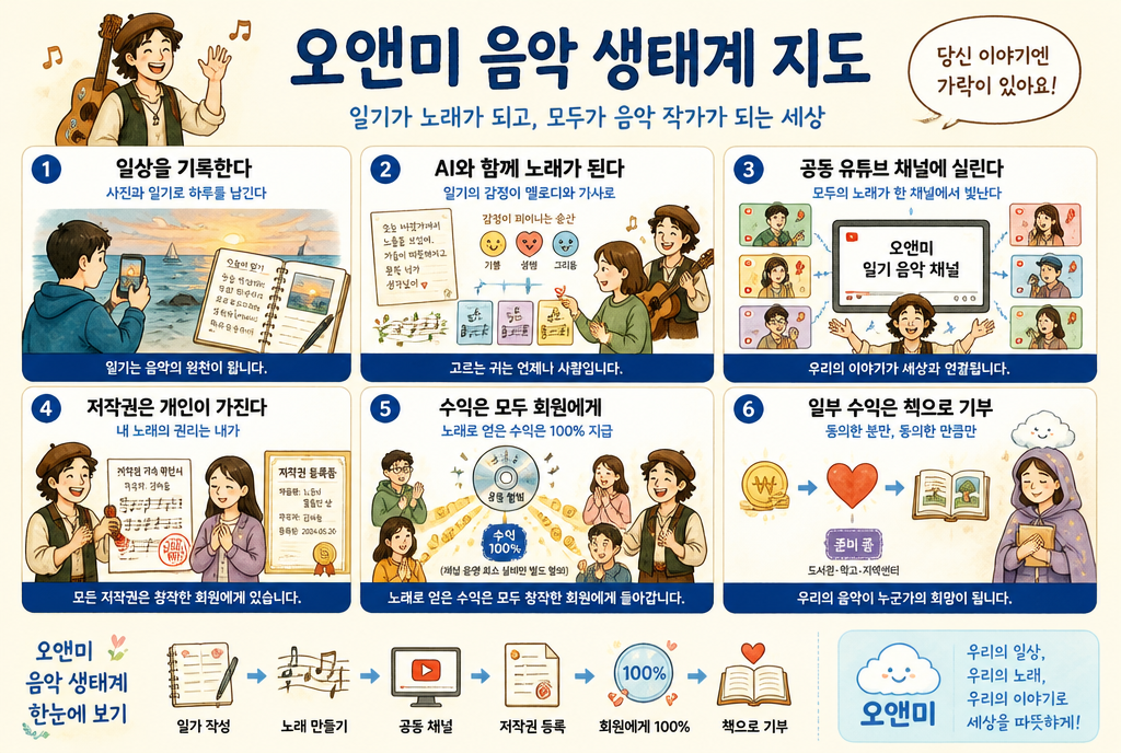 음악 생태계 지도 — 일기가 노래가 되고, 저작권과 수익은 창작한 회원에게