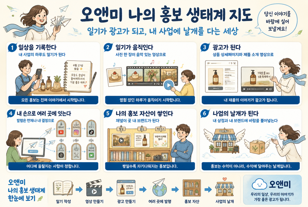 나의 홍보 생태계 지도 — 일기가 움직이는 영상·광고가 되어 여러 채널에 발행되는 홍보 자산