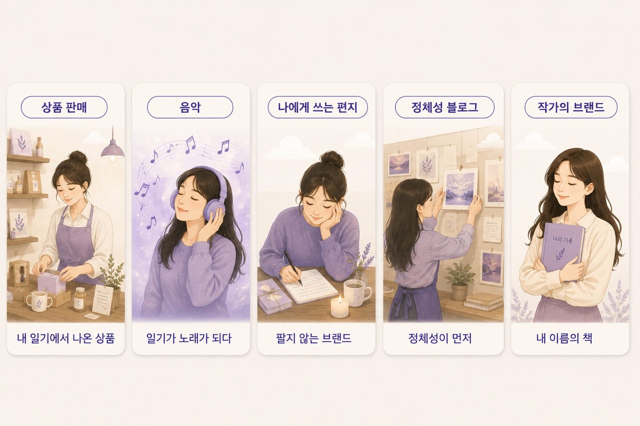 다섯 갈래 — 상품 판매·음악·나에게 쓰는 편지·정체성 블로그·작가의 브랜드